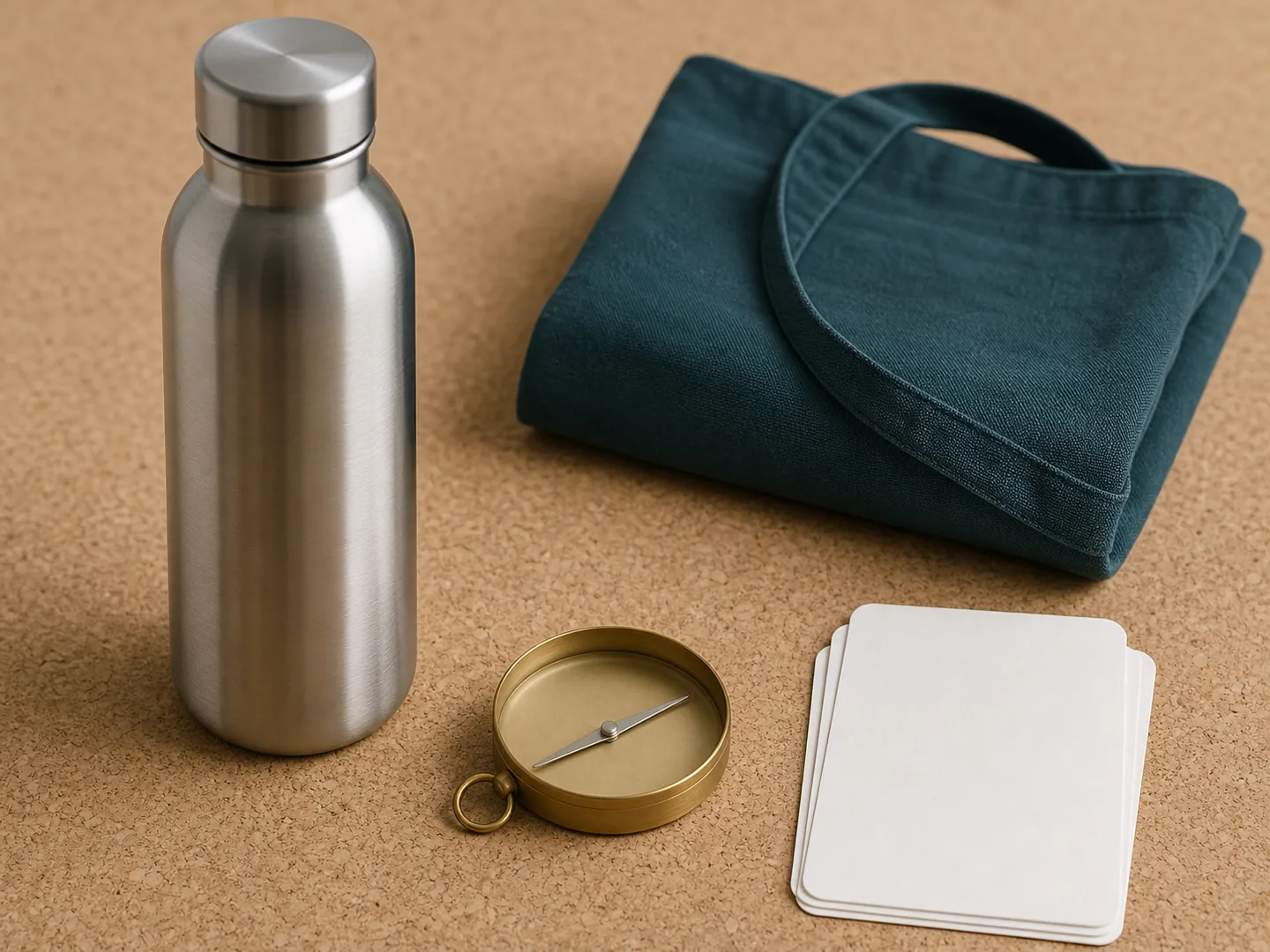 Reusable bottle, bag, and compass represent thoughtful responsible travel preparation
